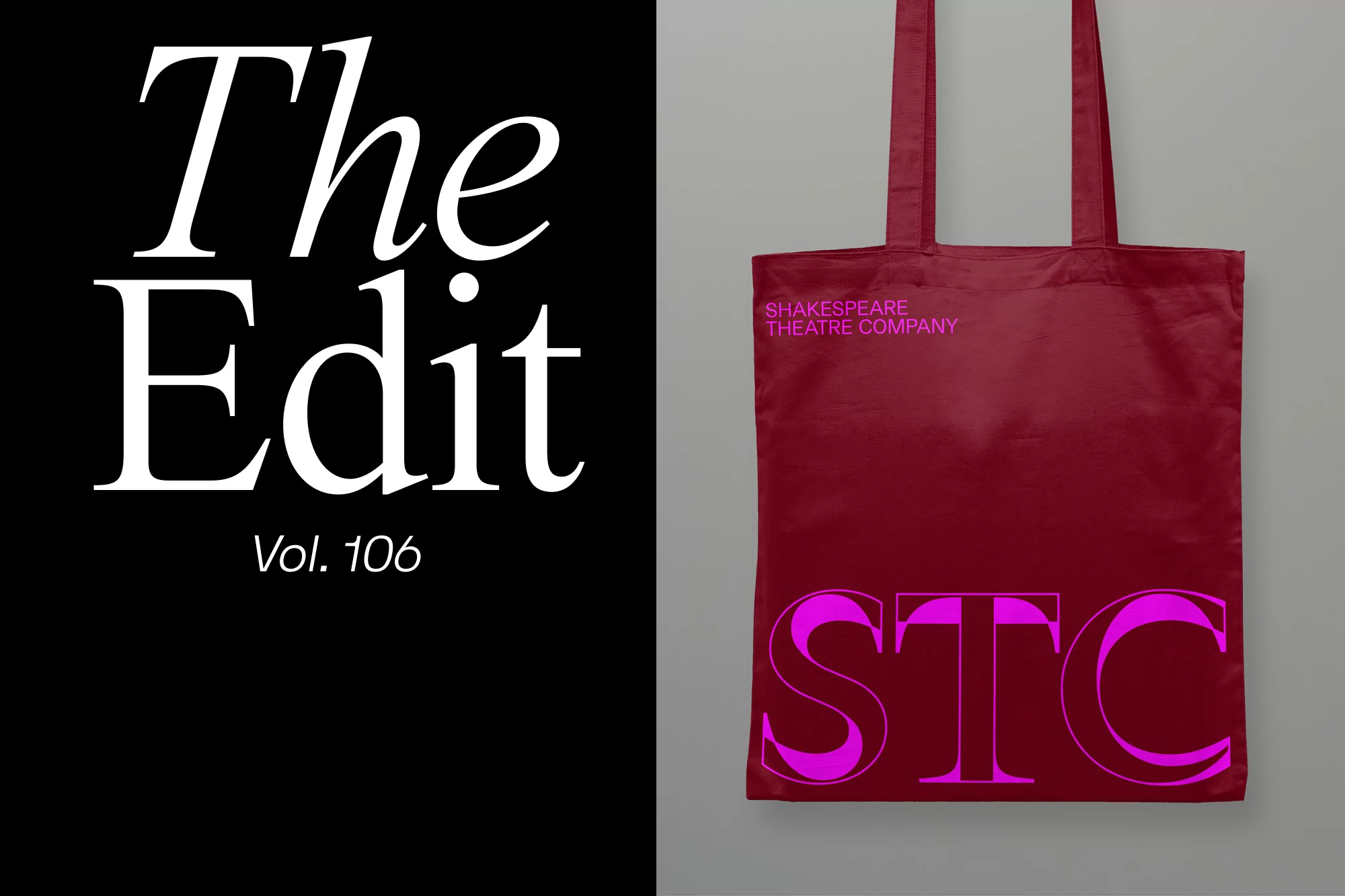 Image showcases a red tote bag from Shakespeare Theatre Company, alongside bold white text of "The Edit Vol. 106" on a black background.