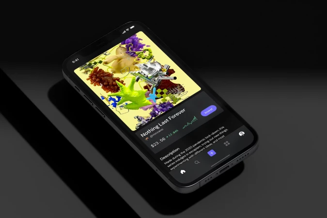 An iPhone displays an image on its screen with an app interface, set against a dark background with soft lighting and studio setting.