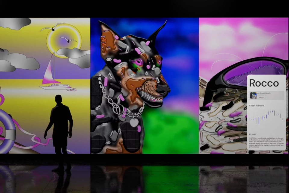 Digital art panel showing a seascape, a dog illustration, and sunglasses with text overlay. Reflections in foreground. 