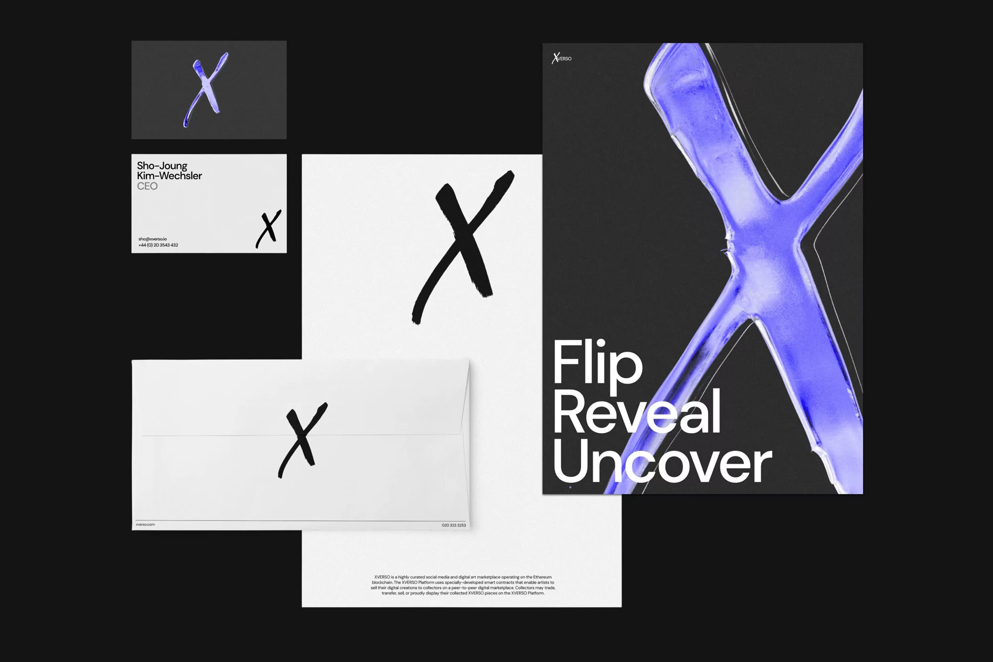 Stationery mockup featuring business cards, letterhead, and envelope with a graphic black 'X' and a larger translucent blue 'X' poster.
