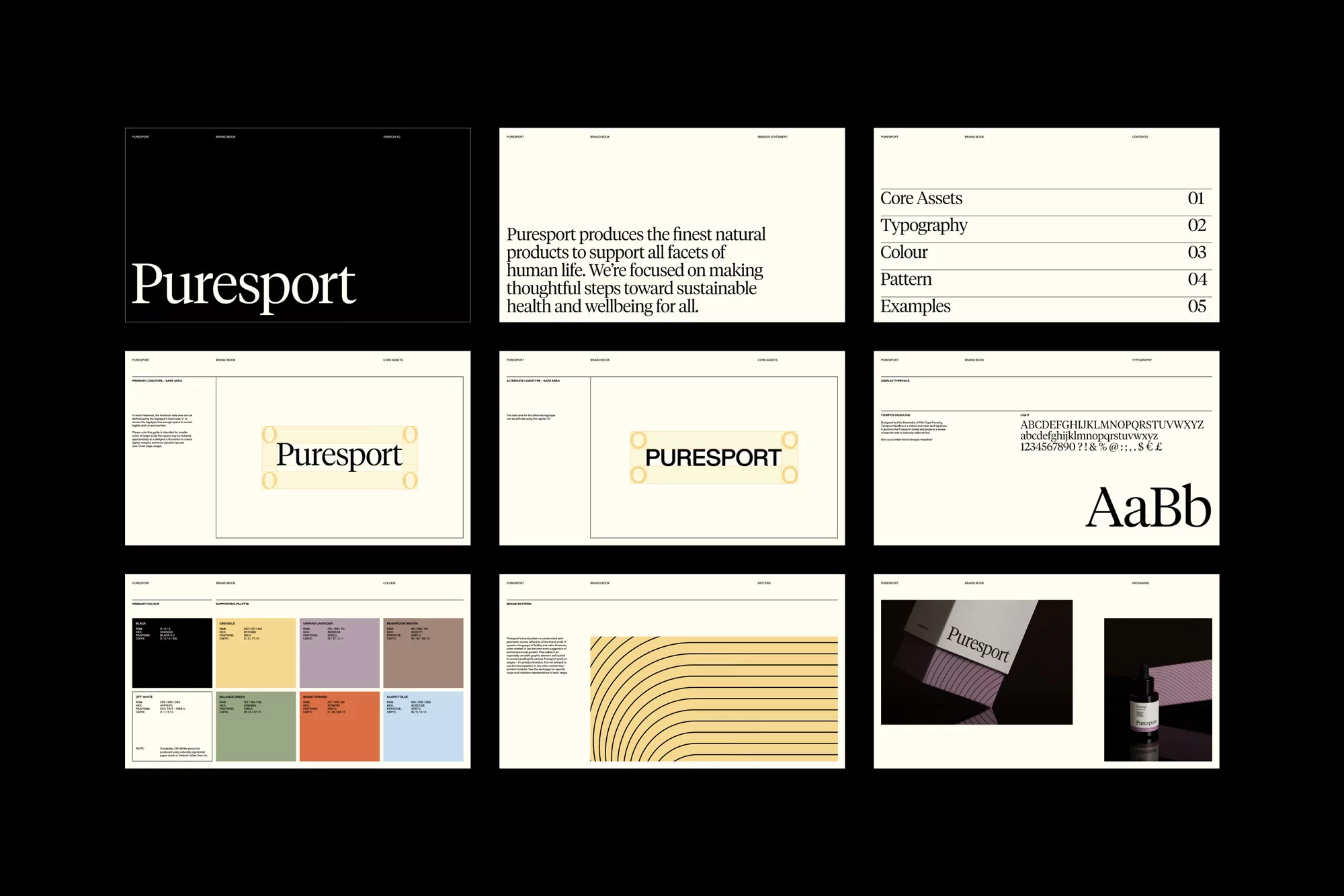 Puresport brand presentation featuring typography, color swatches, pattern designs, and product photography against a black backdrop.