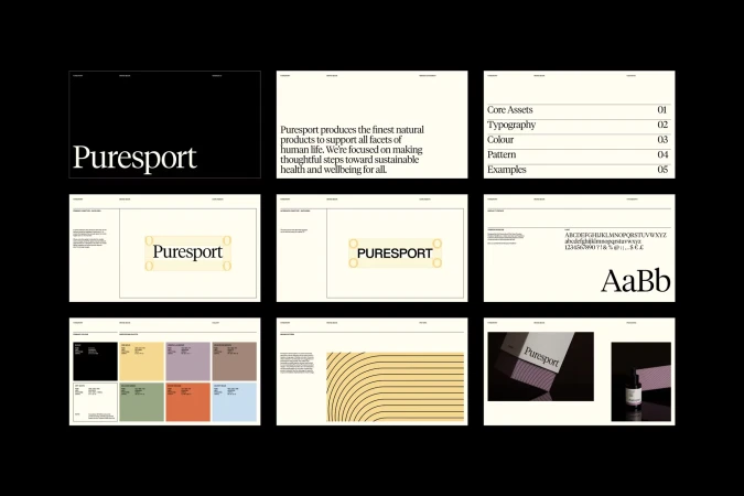 Puresport brand presentation featuring typography, color swatches, pattern designs, and product photography against a black backdrop.