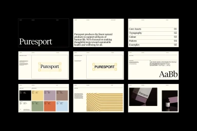 Brand identity presentation grid for Puresport showing logo layouts, typography, color palettes, and pattern examples.