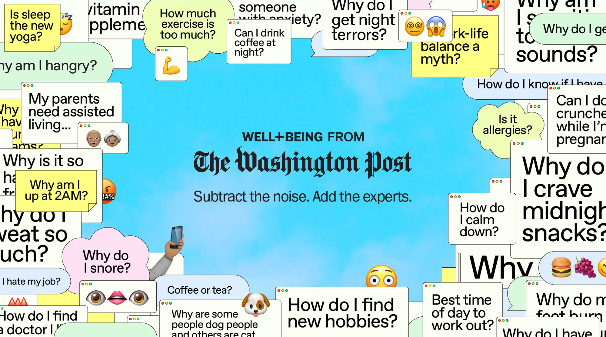Graphic with speech bubbles posing health questions and answers. The Washington Post's Well+Being initiative is highlighted in the center.