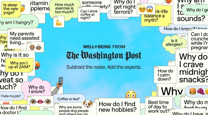 Graphic with speech bubbles posing health questions and answers. The Washington Post's Well+Being initiative is highlighted in the center.