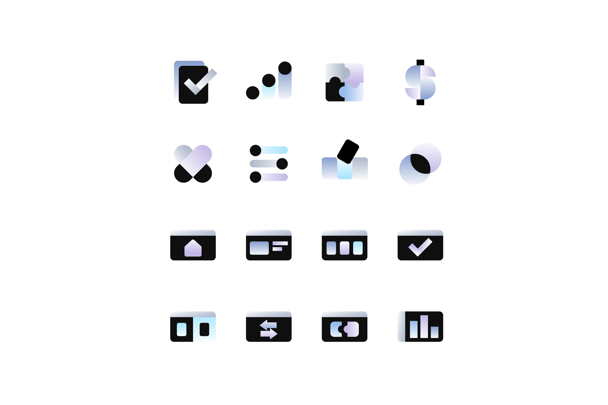 Collection of sixteen different black and blue gradient icons on a white background.