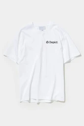 Plain white short-sleeve t-shirt laid flat featuring a small Depict logo on the chest against a solid white background
