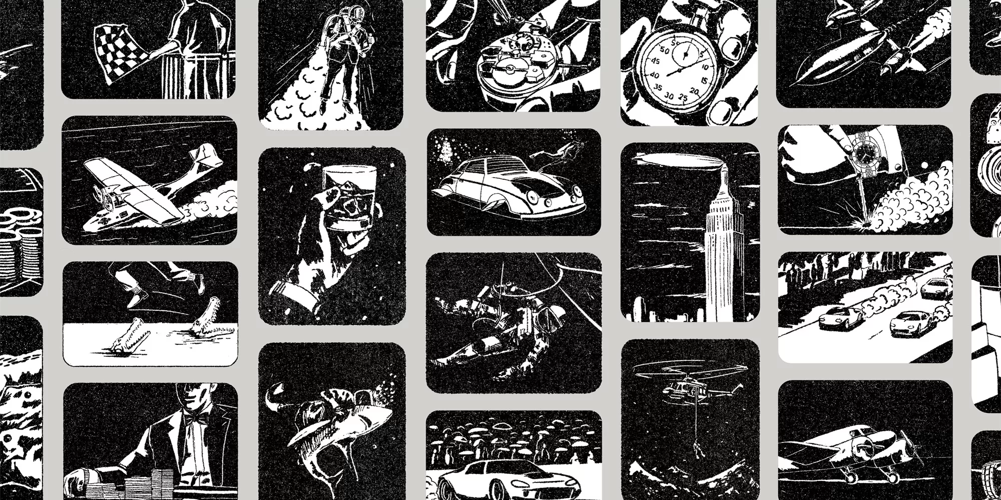 Monochrome visual collage with cars, planes, cityscape, and watches against a gray backdrop, evoking a sense of adventure and mystery.