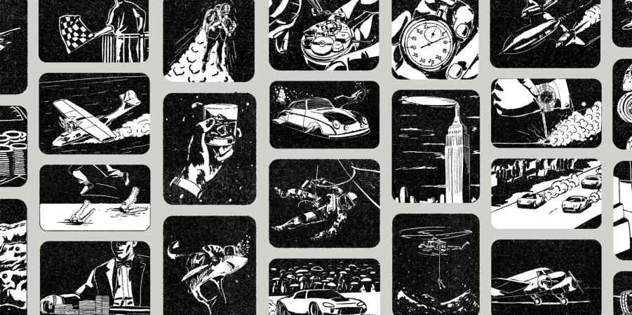 Monochrome visual collage with cars, planes, cityscape, and watches against a gray backdrop, evoking a sense of adventure and mystery.
