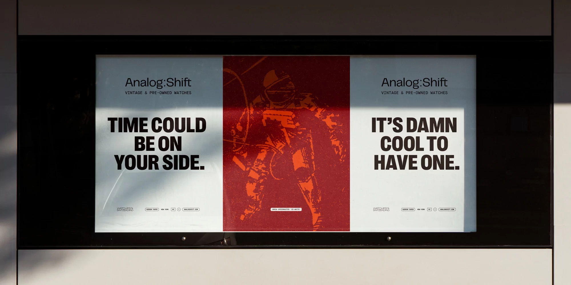 Advertisement for Analog:Shift featuring an astronaut, with the text 'Time could be on your side' and 'It's damn cool to have one'.