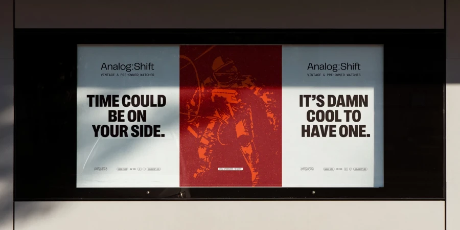 Advertisement for Analog:Shift featuring an astronaut, with the text 'Time could be on your side' and 'It's damn cool to have one'.