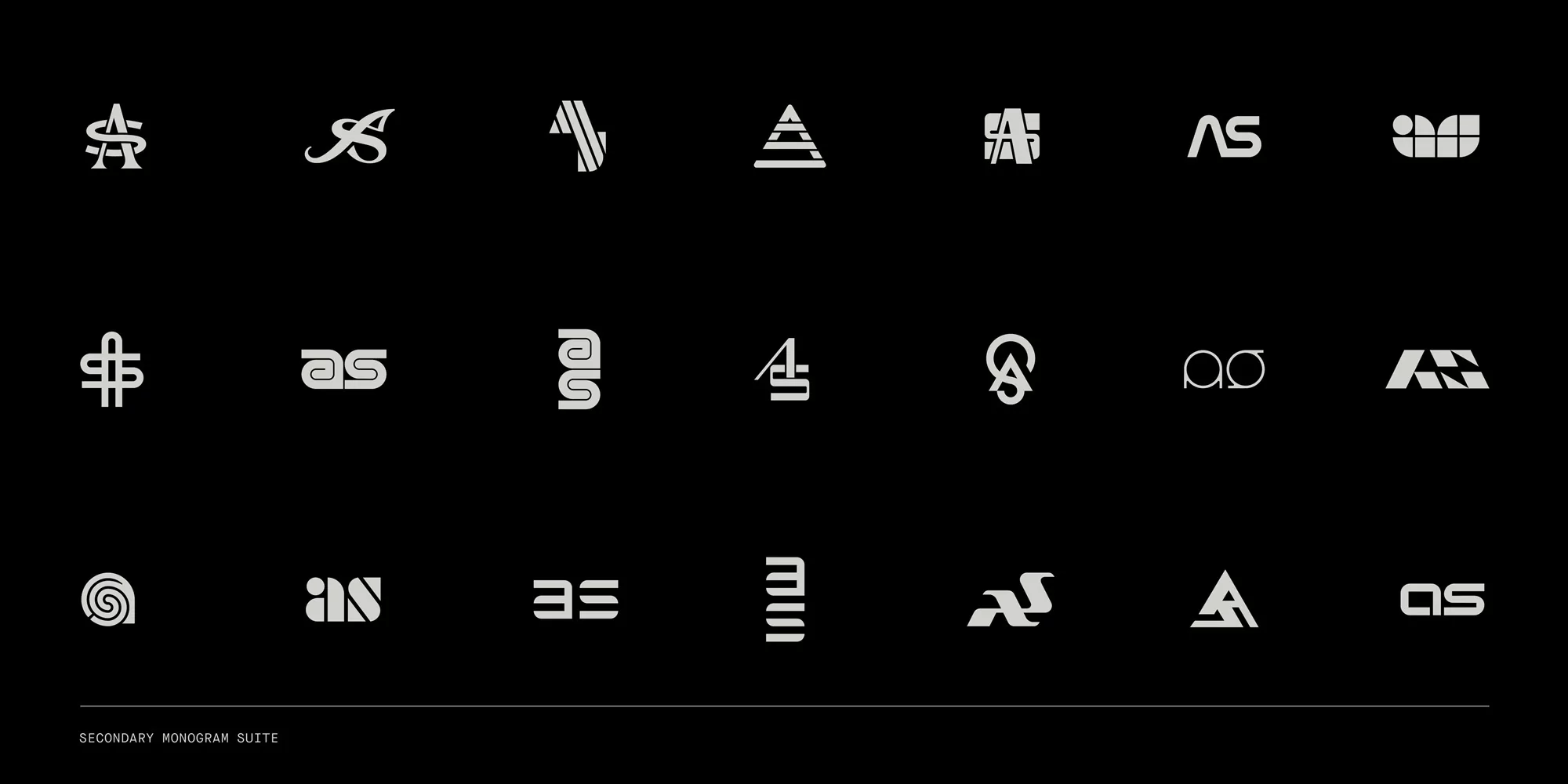 A grid of twenty-one white monogram logos and typographic variations for Analog:Shift on a black background.