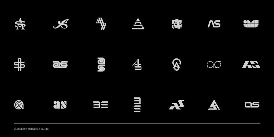 A grid of twenty-one white monogram logos and typographic variations for Analog:Shift on a black background.