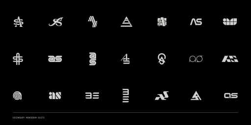 A grid of twenty-one white monogram logos and typographic variations for Analog:Shift on a black background.