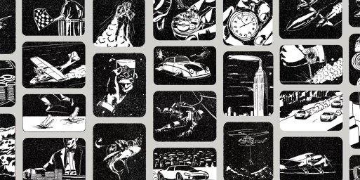 A collage of black and white illustrative panels depicting vintage cars, watches, planes, and dramatic scenes against a grey background.