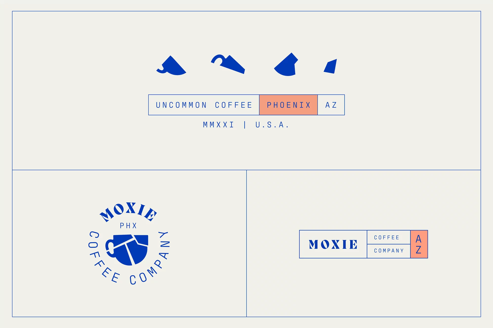 Graphic design with logo variations for Uncommon Coffee in Phoenix, Arizona, and Moxie Coffee Company featuring a stylized broken coffee cup.