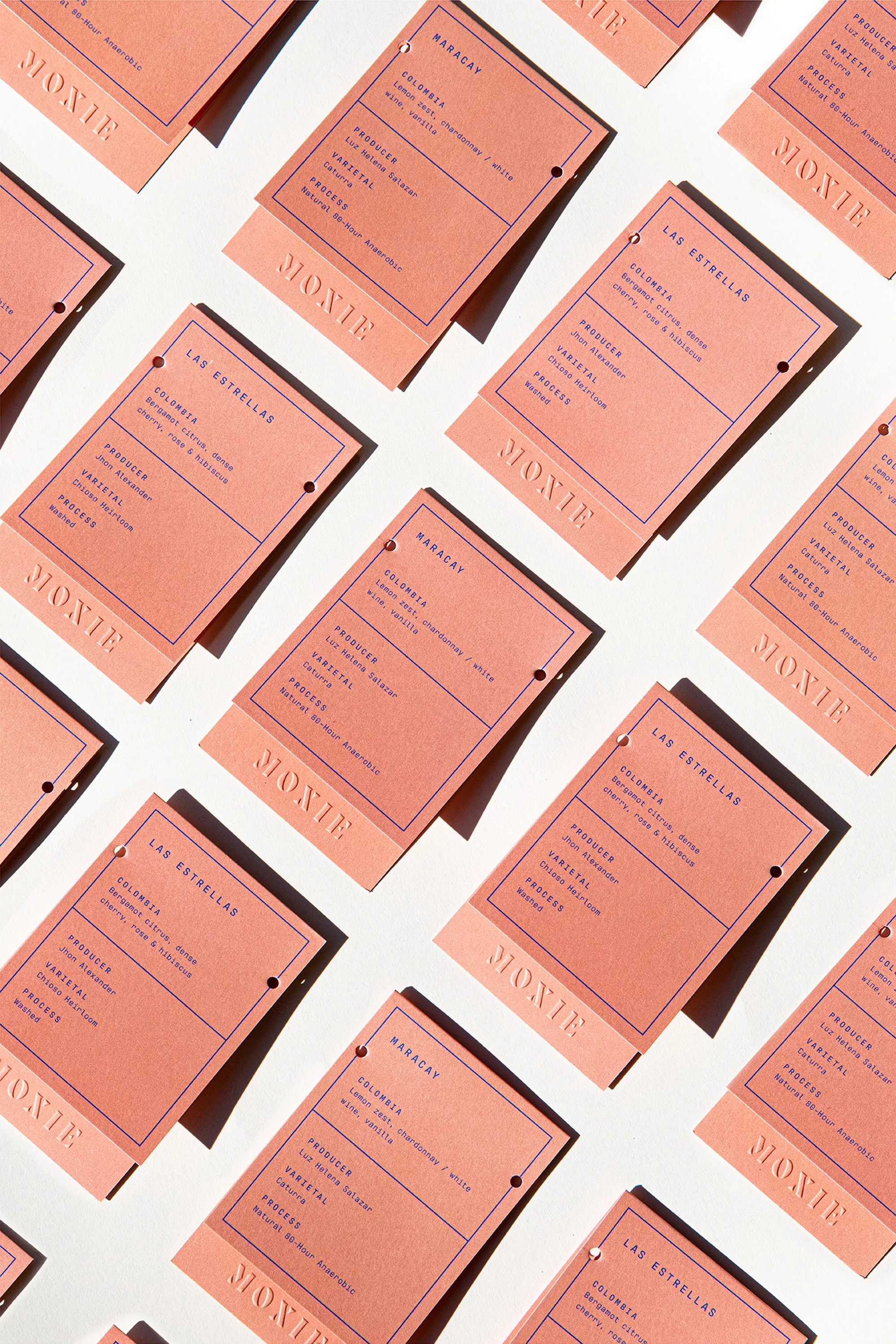 Salmon-colored product information cards displayed in a repeating pattern on a white background featuring brand logo and product details.