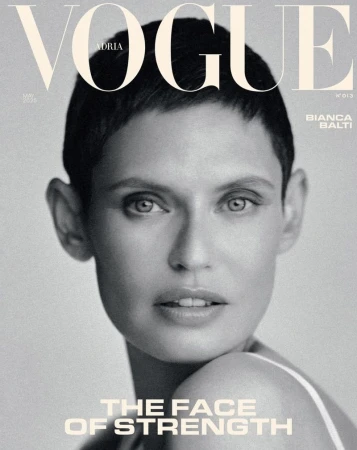 Vogue cover featuring a close-up portrait of Bianca Balti. The image is black and white with the magazine's logo at the top.