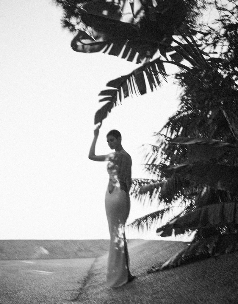 Elegant woman in evening gown standing under palm tree with sunlit sky. Black and white fashion editorial outdoor photoshoot.