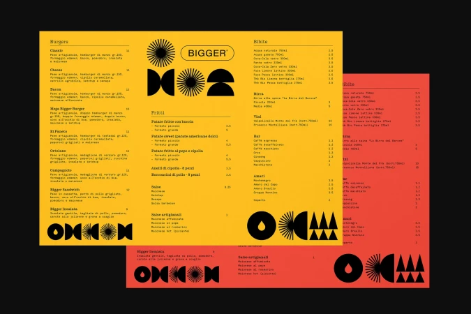 Bigger Burgers restaurant menu design with yellow and red sheets featuring bold black typography and abstract graphic icons.