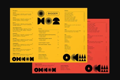 Bigger Burgers restaurant menu design with yellow and red sheets featuring bold black typography and abstract graphic icons.