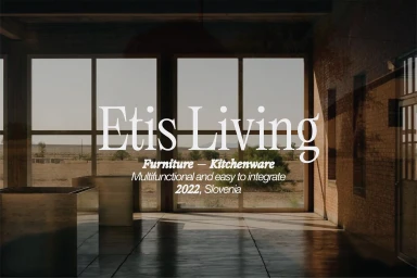 Branded typographic slide for Etis Living featuring large white serif typography over an interior architectural view with large windows.
