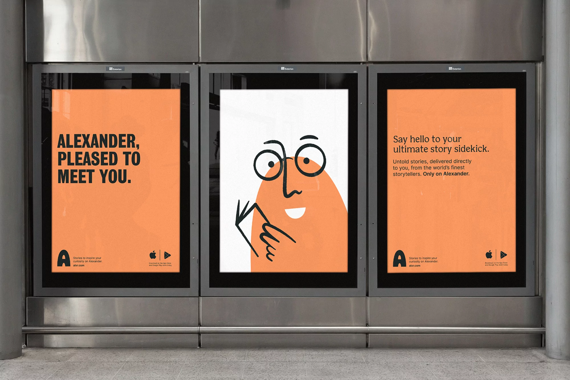 Three posters in a row on a wall. Each poster has the Alexander logo and text on a peach background. One has a face drawing.