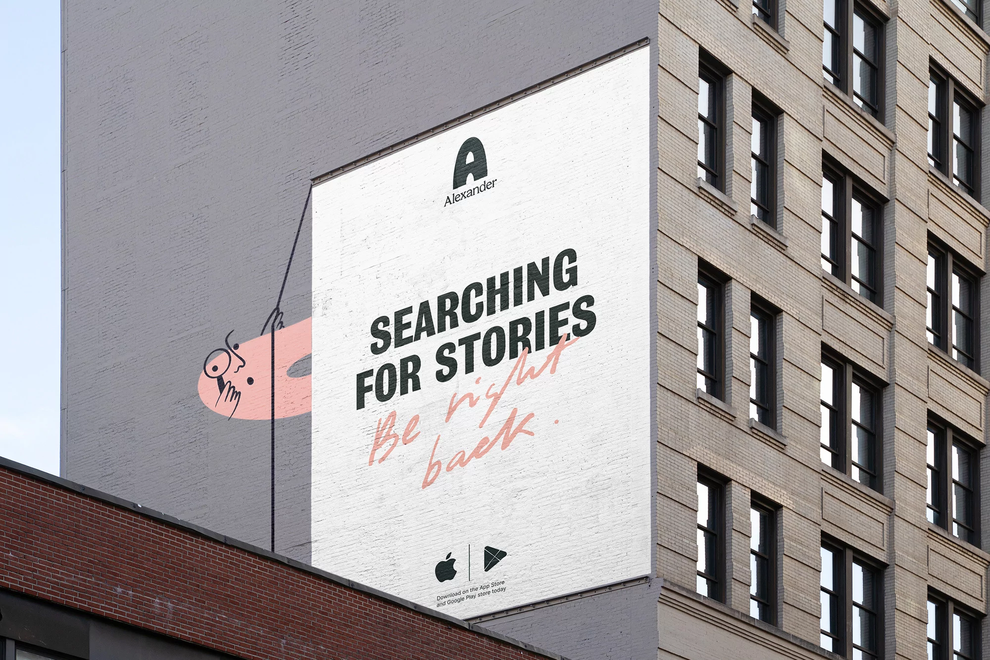 Outdoor advertising on a building featuring a modern design and bold typography with the words 'Searching For Stories' visible.