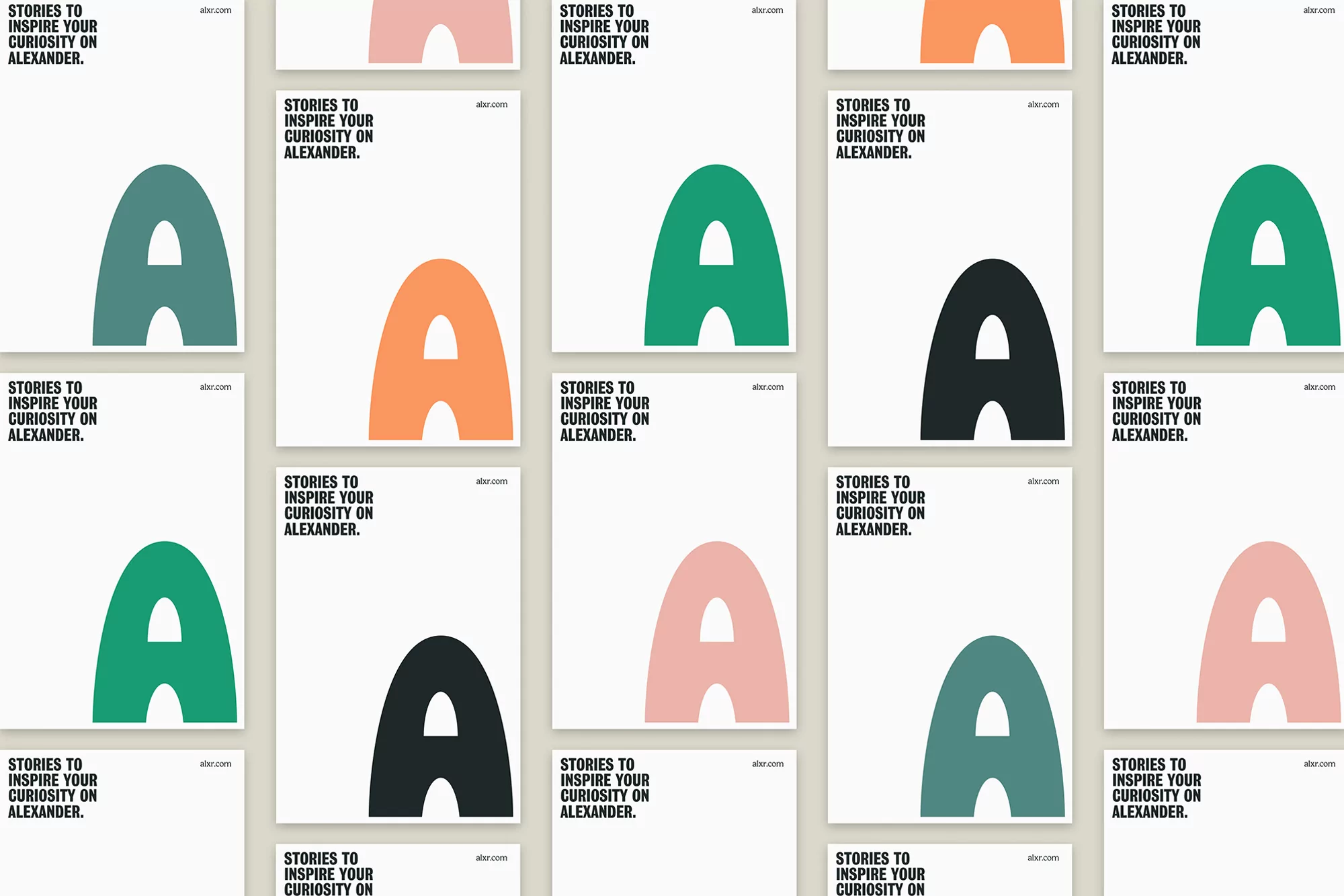 Colorful posters with large letter A and text 'Stories to inspire your curiosity on Alexander' arranged in a repeating pattern.