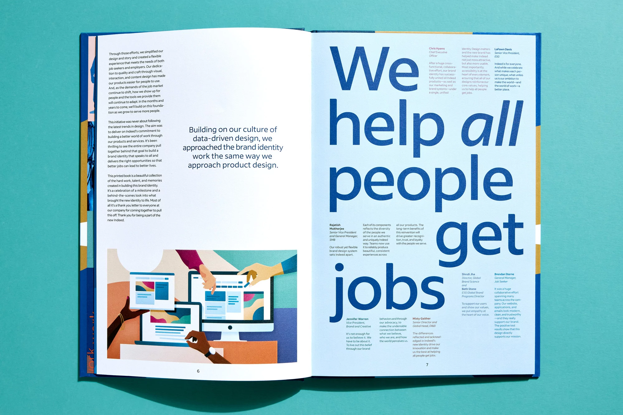 Open book spread featuring a vector illustration with hands interacting with computer screens and a large typographic heading 'We help all people get jobs'.