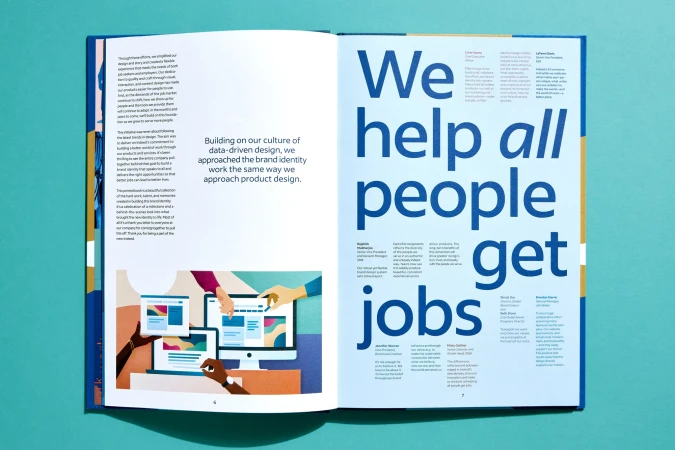 Open book spread featuring a vector illustration with hands interacting with computer screens and a large typographic heading 'We help all people get jobs'.