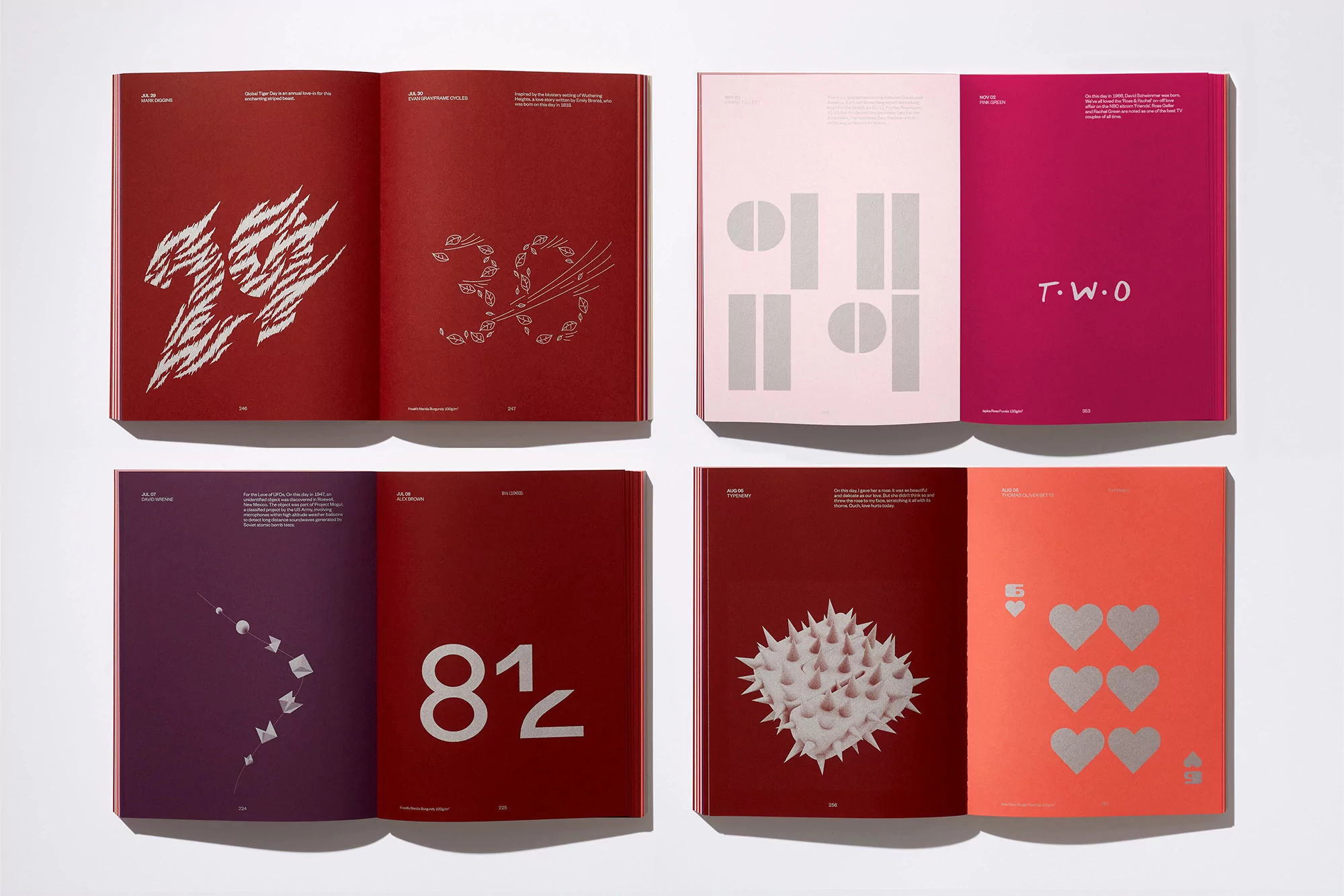 Art publication showcasing a collection of graphic designs, including numbers, geometric shapes, and stylized images on vibrant colorful backgrounds.