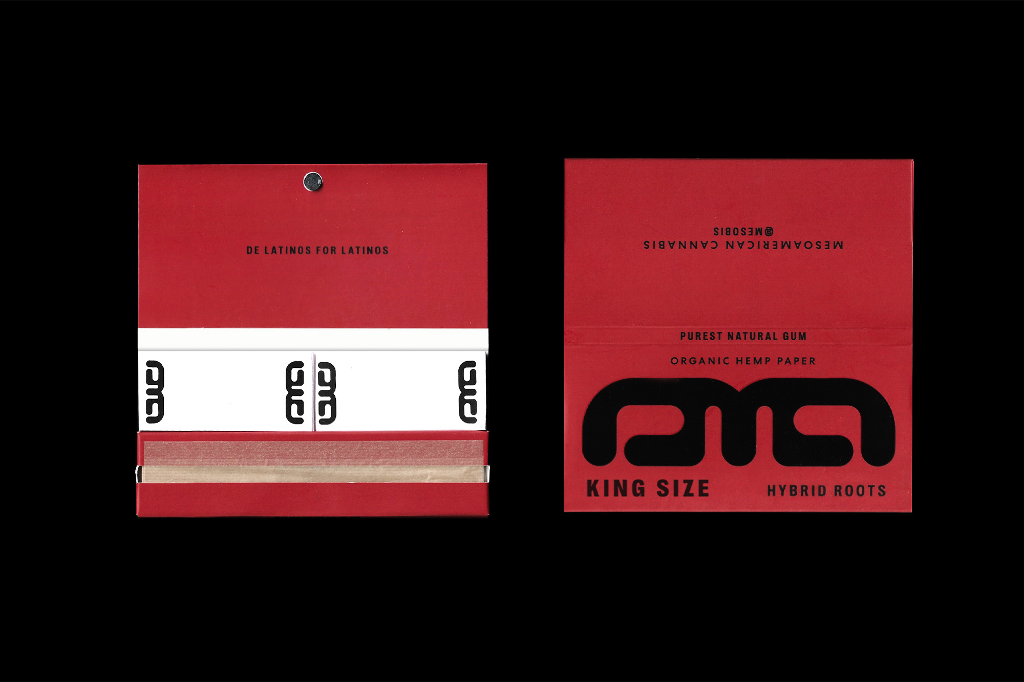 Two packs of rolling papers against a black backdrop featuring red and white designs with visible brand elements and product information.