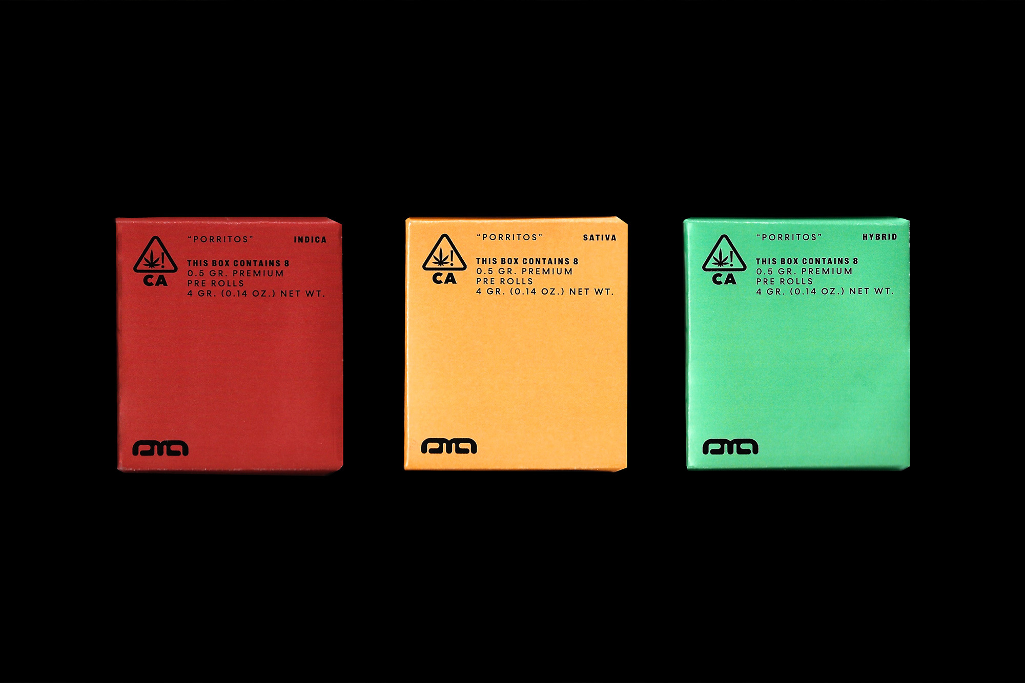 Three colorful 'Porritos' boxes in red, yellow, and green sit in a row against a black background, displaying cannabis strain types.