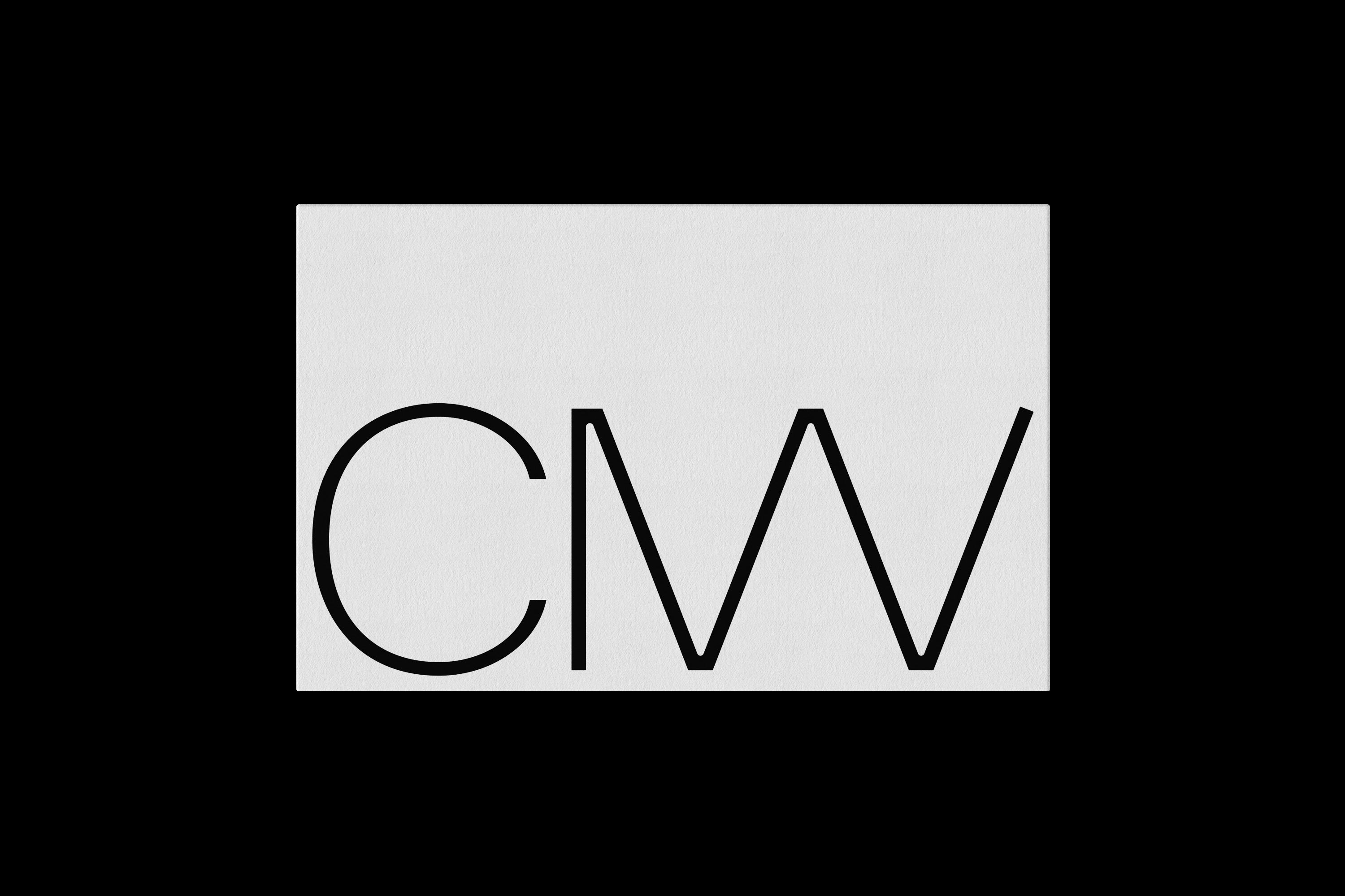 Black and white graphic art featuring 'CMW' letters in a minimalist design on a textured white background.
