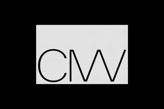 Black and white graphic art featuring 'CMW' letters in a minimalist design on a textured white background.