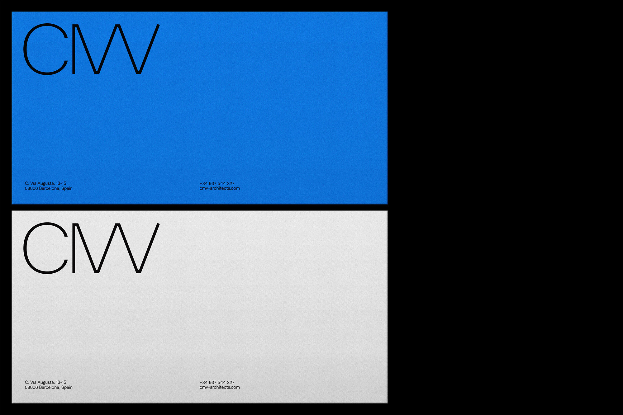 Minimalist architectural card design featuring the letters CMV in black above contact information on blue and white textured paper.