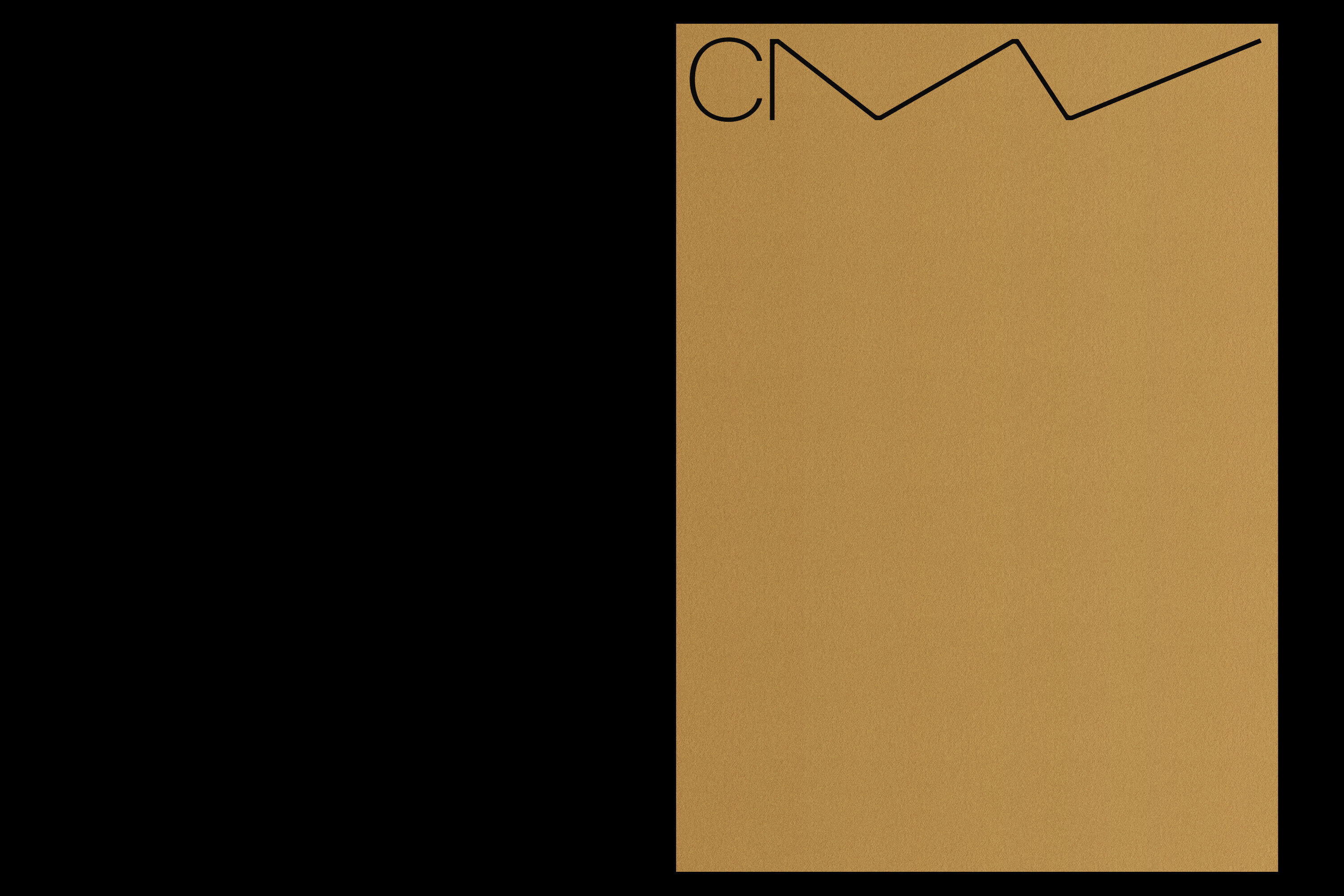 Minimalist gold-toned graphic with black geometric line art and the letters 'CM' on a black and gold color-blocked background.