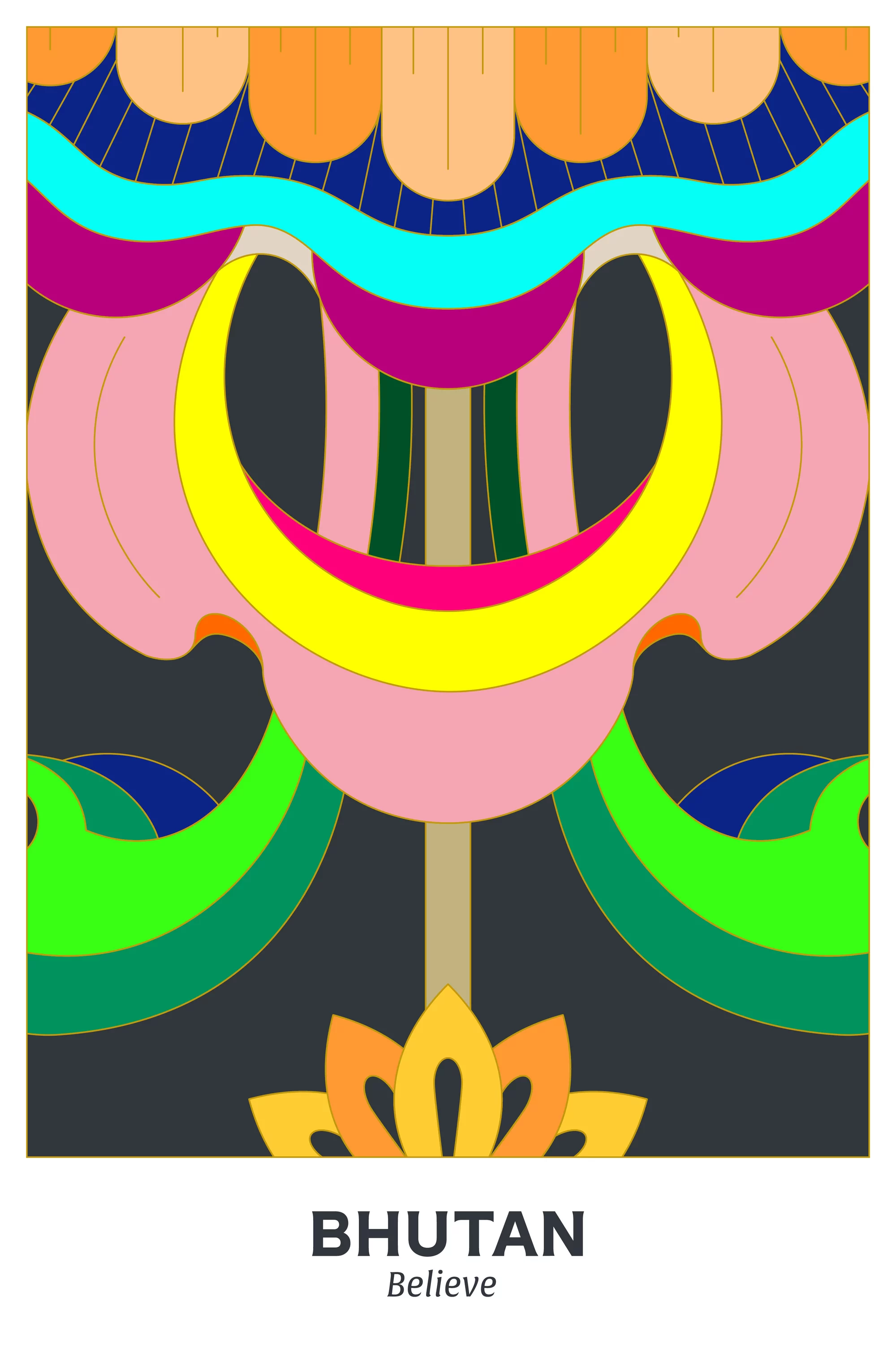 Colorful graphic art illustration of Bhutanese style with vibrant colors, including pink, yellow, green, and orange, set against a dark background.