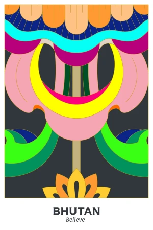 Colorful graphic art illustration of Bhutanese style with vibrant colors, including pink, yellow, green, and orange, set against a dark background.