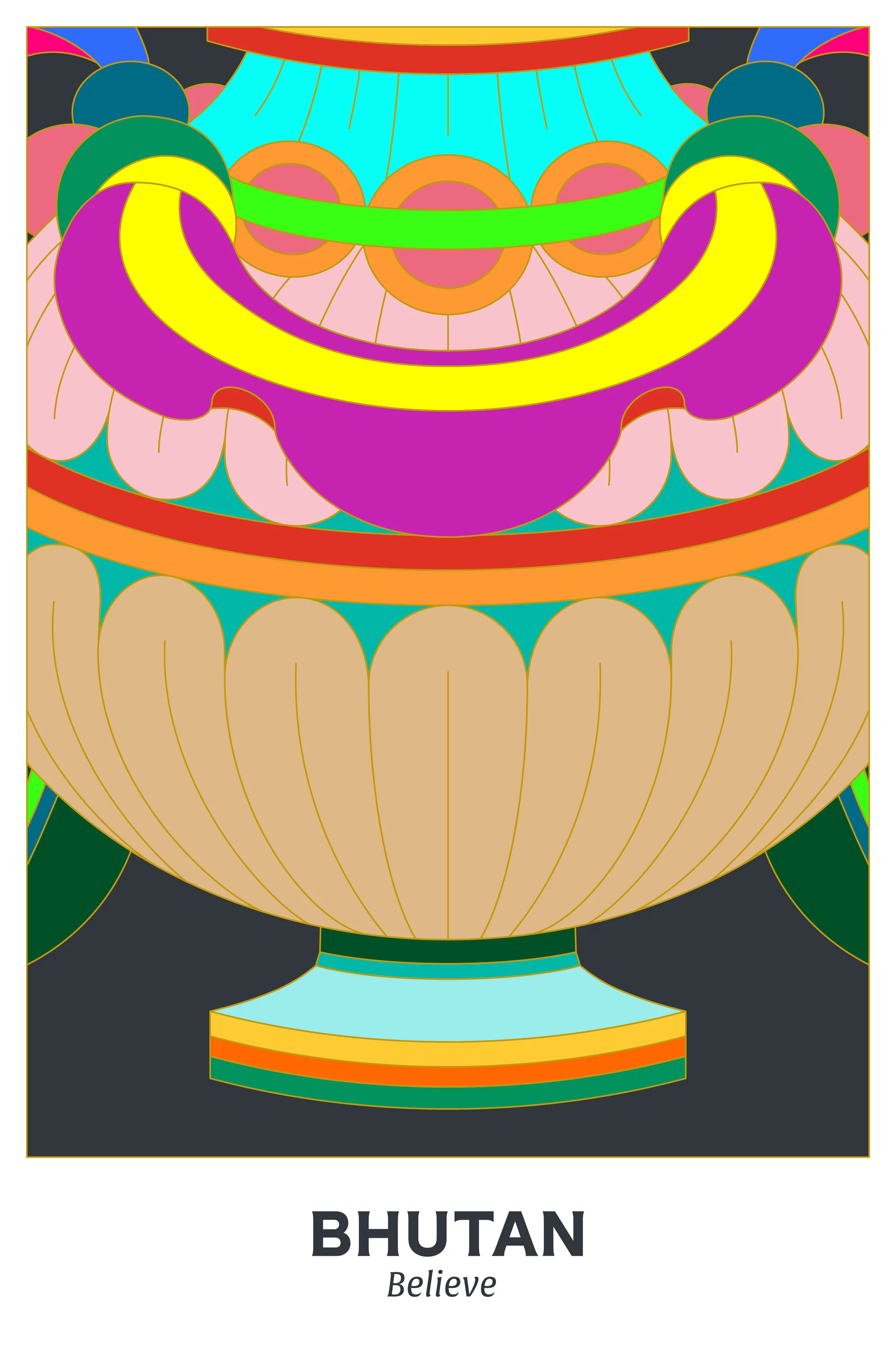 Colorful vector art of a stylized urn with intricate patterns and vibrant colors, set against a dark background with text 'Bhutan'.