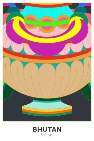 Colorful vector art of a stylized urn with intricate patterns and vibrant colors, set against a dark background with text 'Bhutan'.