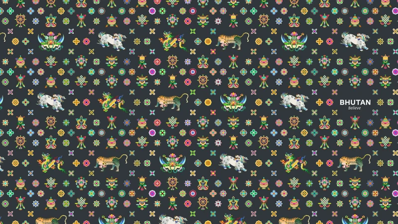 Detailed pattern featuring traditional Bhutanese symbols including tigers, snow lions, dragons, and various religious emblems on a dark grey background.