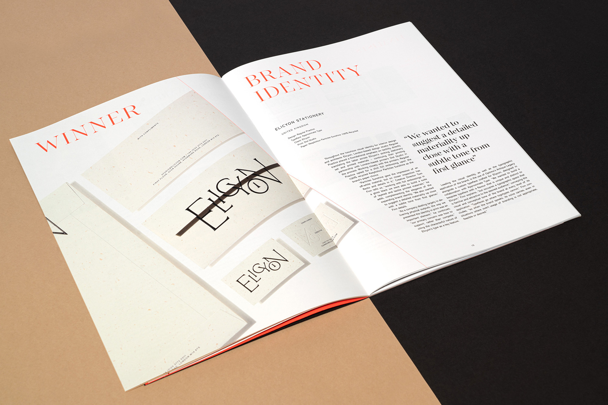 Magazine spread showcasing brand identity design work with Ellicyon Stationery, featuring layouts and typography on a neutral background.