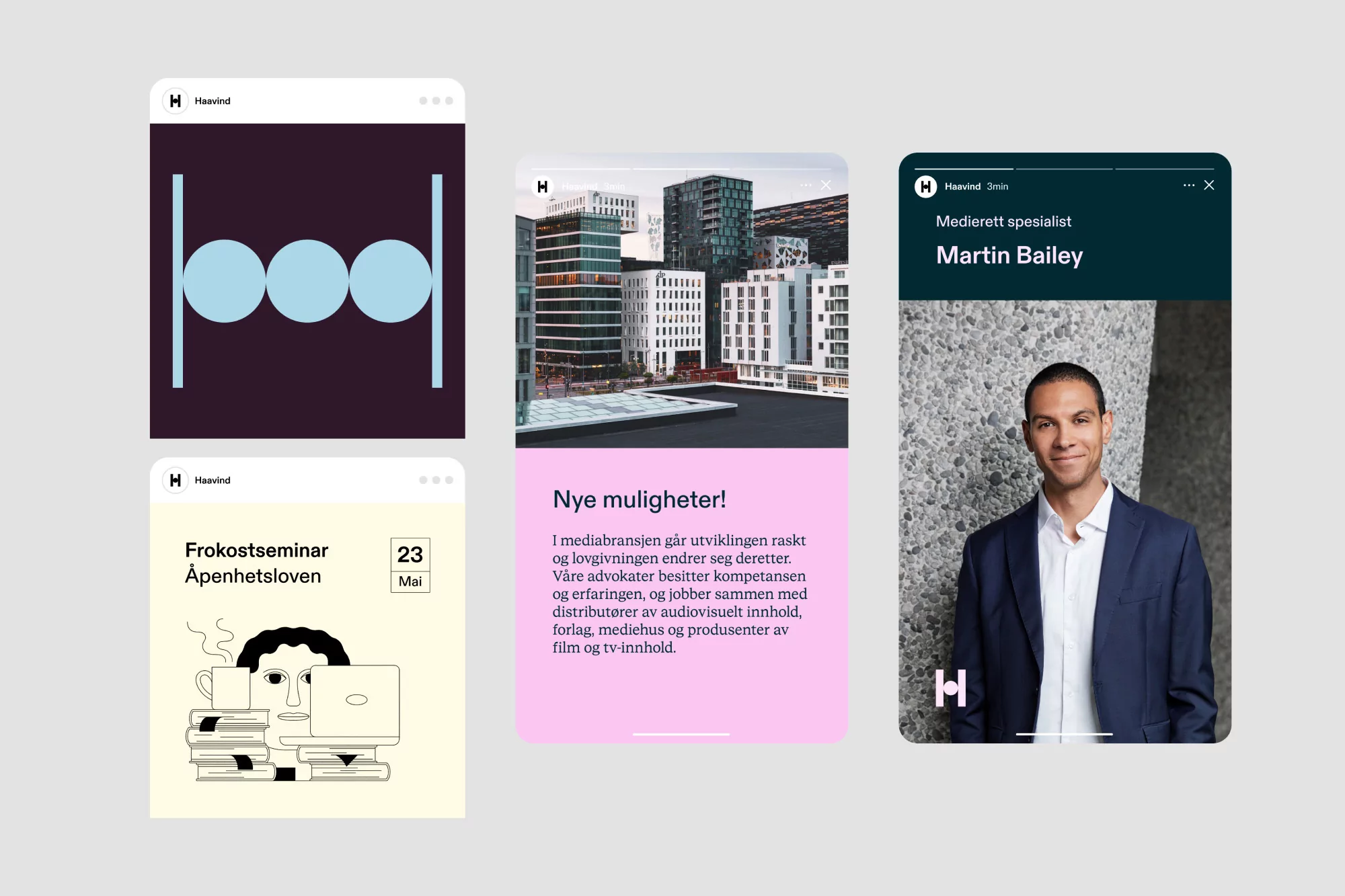 Collection of digital designs showing architecture, seminar details, and portraits, all promoting the company Havind.
