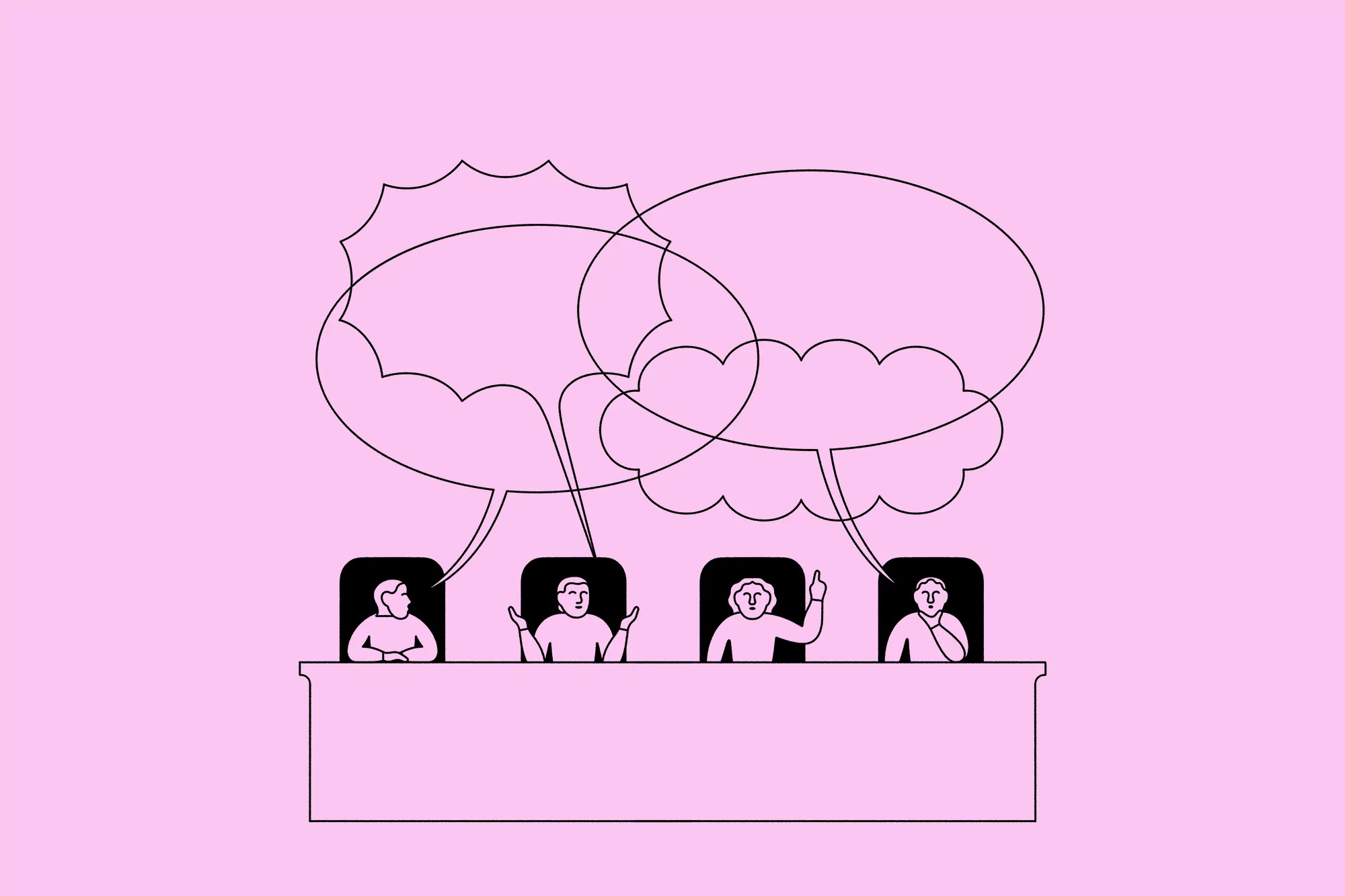 Illustration of four people behind a desk with cartoon speech bubbles above their heads in a light purple and black color scheme.