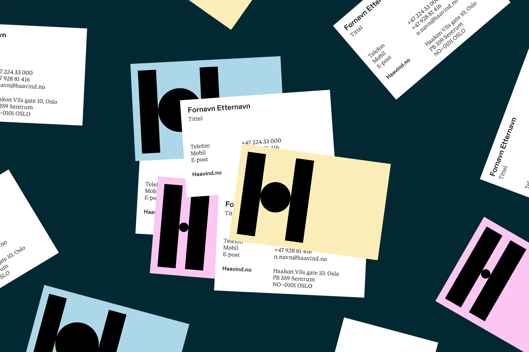 Scattered business cards featuring a modern logo and contact information against a dark teal background, creating a clean, corporate aesthetic.