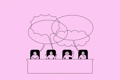 Black line illustration of four seated people behind a long table with overlapping speech bubbles against pink background