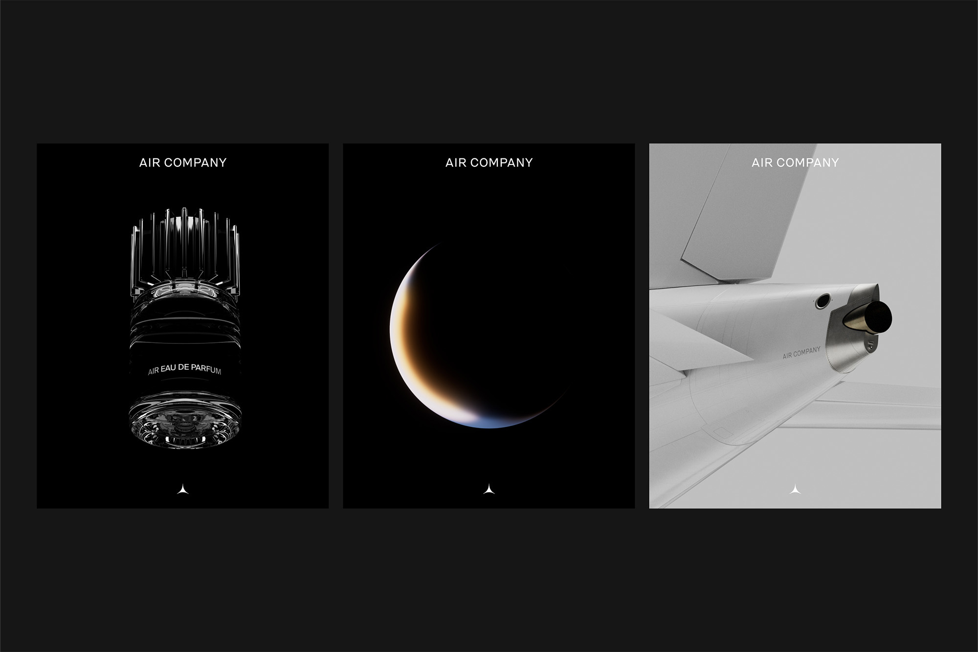 Three panels display the Air Company logo: a bottle with an eau de parfum label, a moon-like shape, and part of a white airplane.