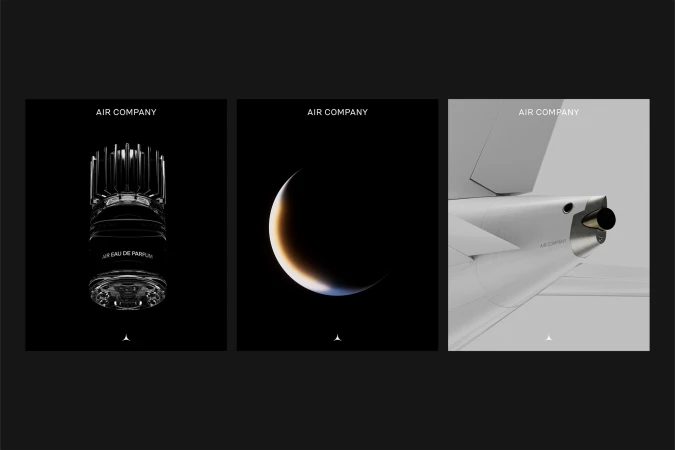 Three panels display the Air Company logo: a bottle with an eau de parfum label, a moon-like shape, and part of a white airplane.